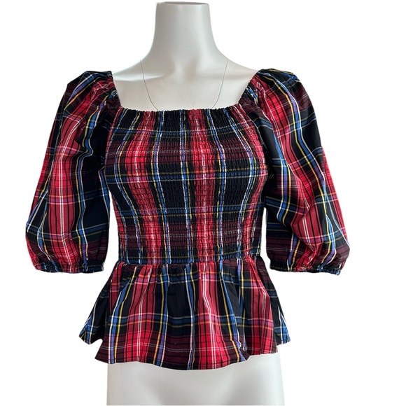 NWT Draper James Smocked Plaid Blouse Elbow Length Puff Sleeves XS - Picture 2 of 8